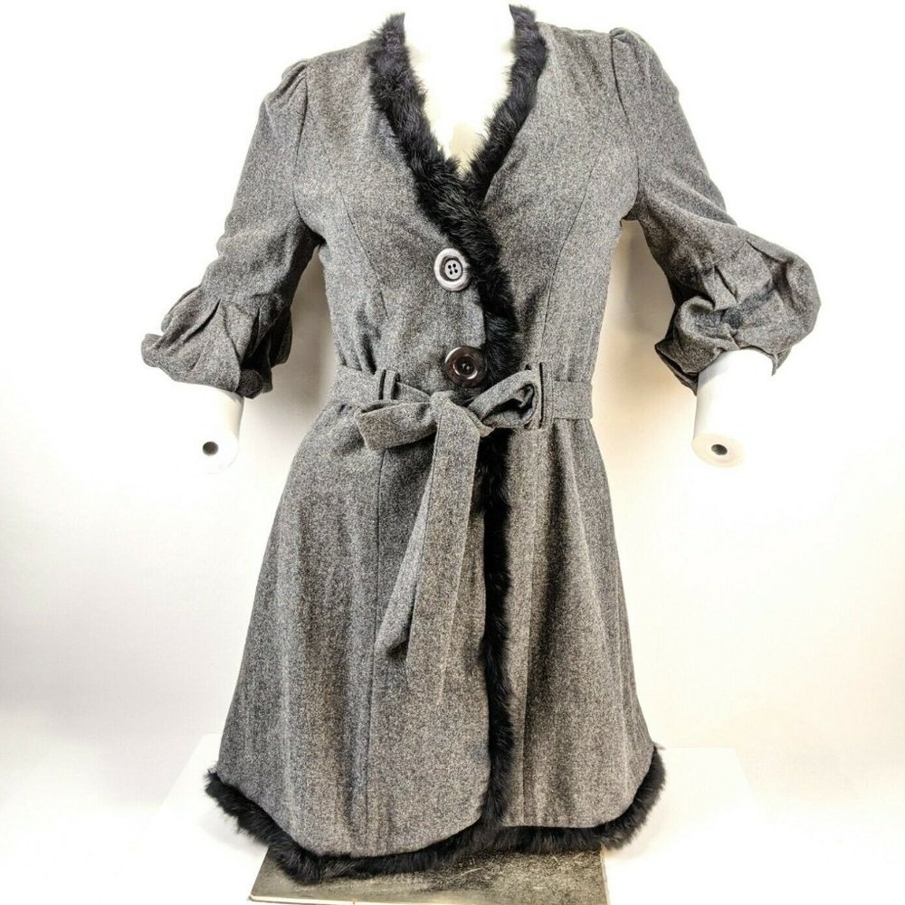 LoveStitch Pea Coat Womens Sz S Gray Wool Blend Balloon Sleeve Faux Fur Trim Nwt